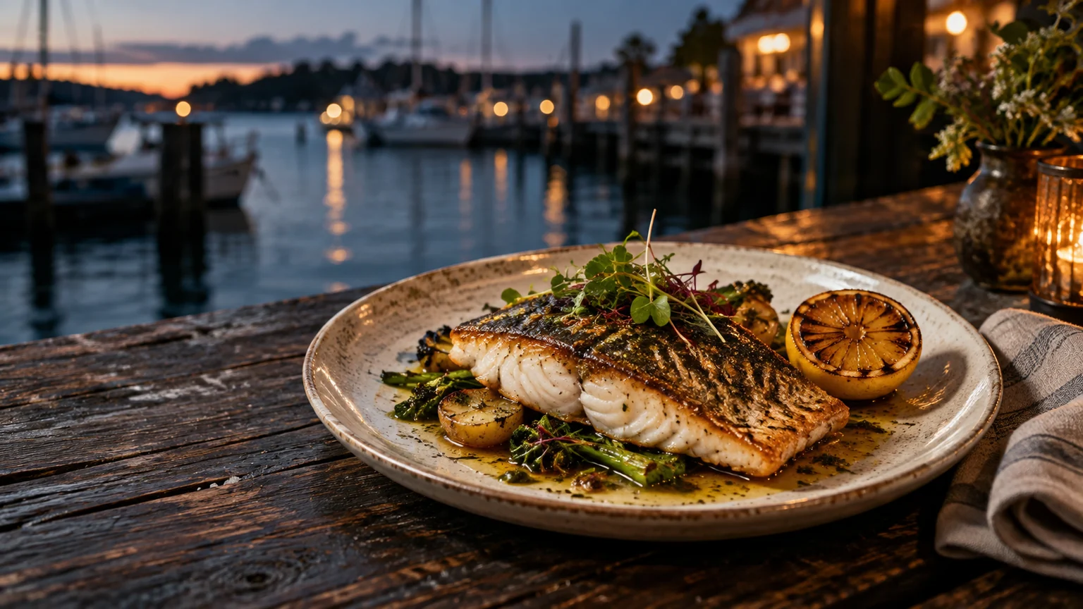 Oak-fire seafood at fictional restaurant Harbor & Pine
