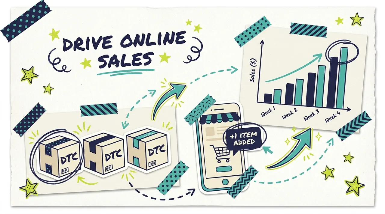 DTC product boxes, online cart, and rising sales chart