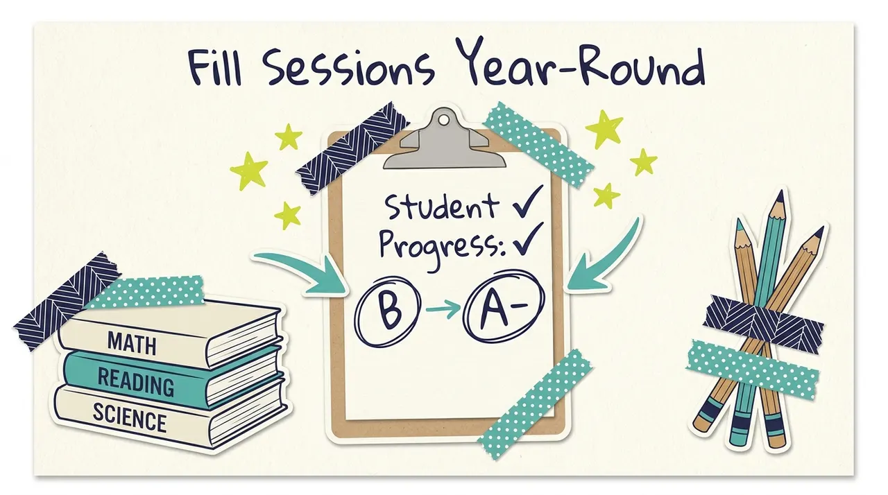 Tutoring scene with textbooks and student progress card