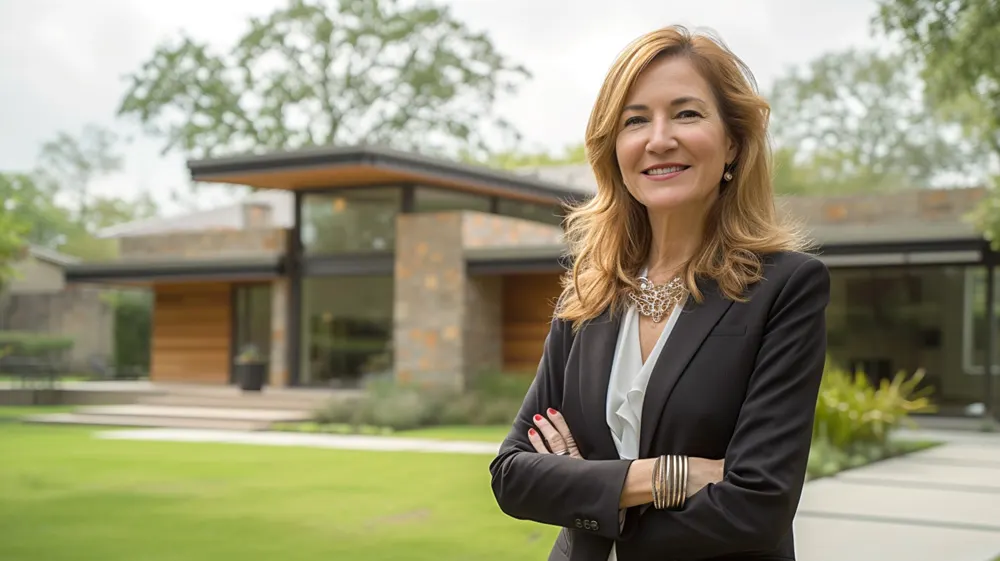 Professional real estate agent in business attire standing confidently in front of sold home with sign, representing local realtor expertise and trusted service for TV advertising campaigns to attract buyers and sellers.