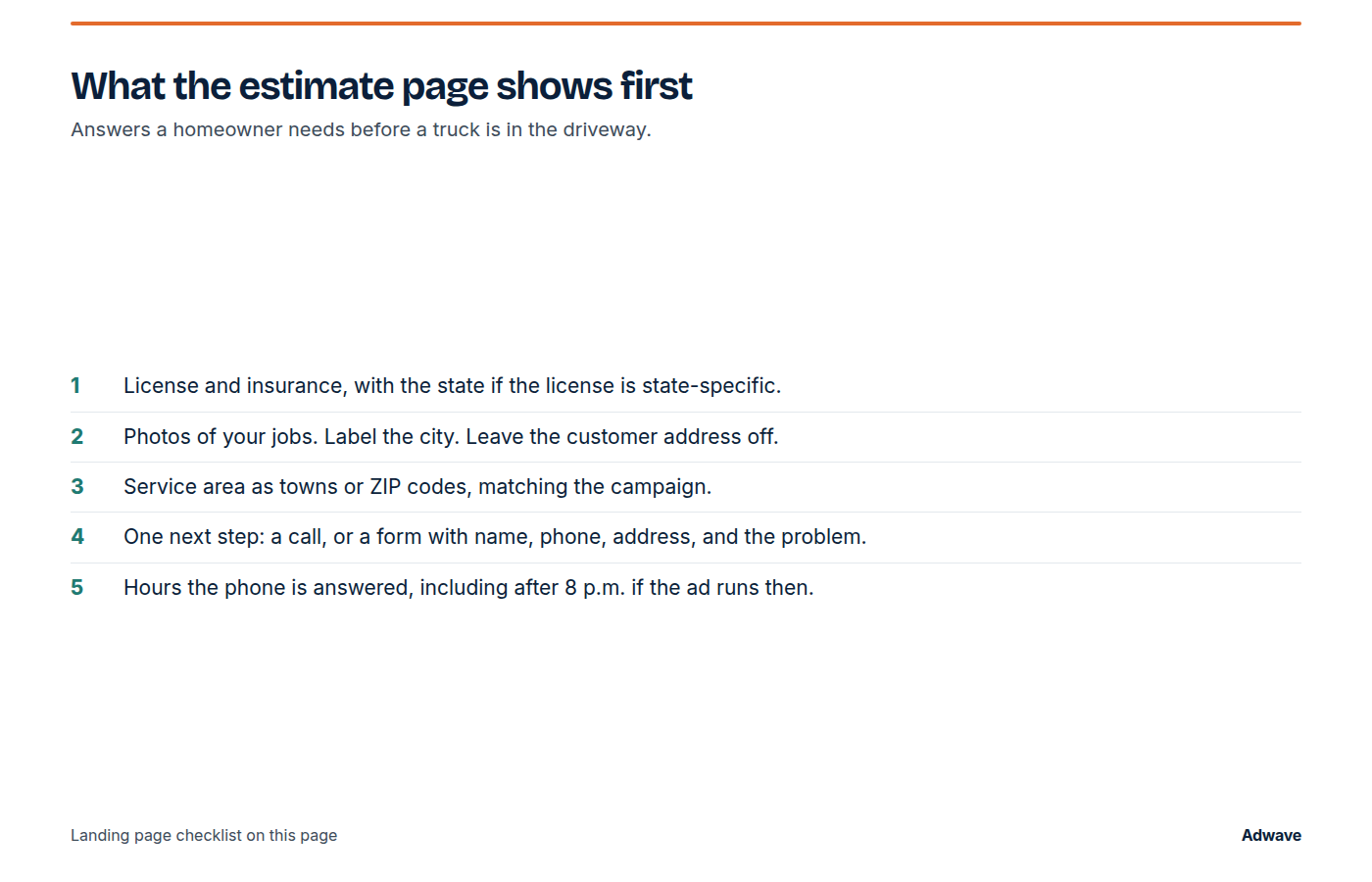 Landing page checklist for a roofing estimate