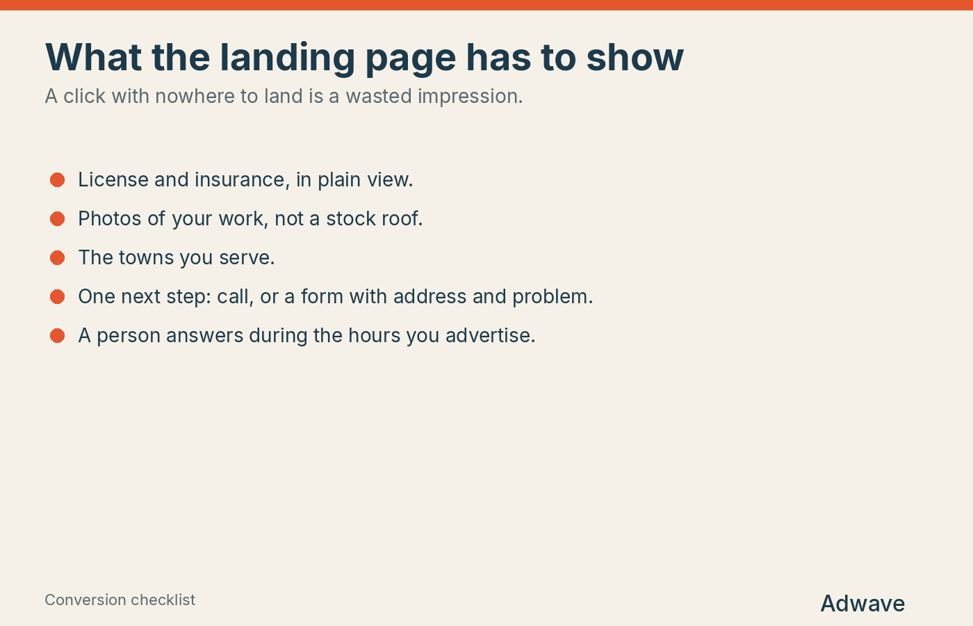 Landing page checklist for a roofing estimate