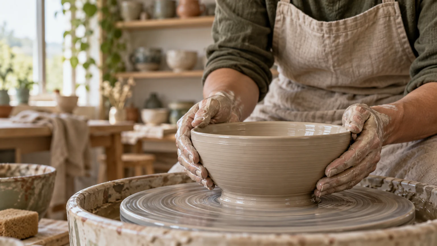 Illustrative ceramics campaign with a potter making a bowl in a sunlit studio