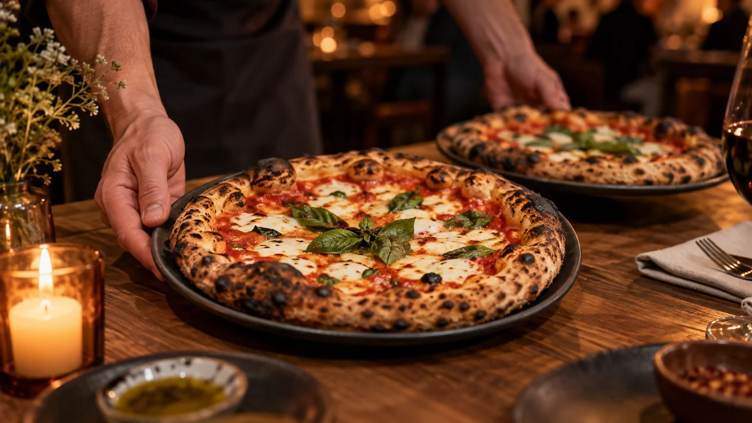 Illustrative neighborhood restaurant campaign with wood-fired pizza and friends dining