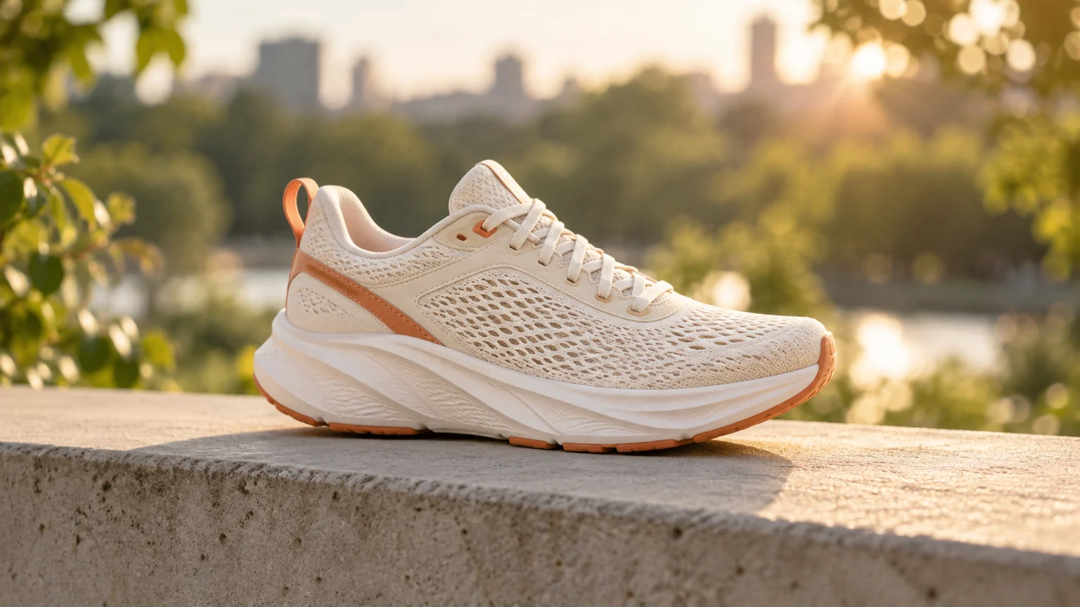 Illustrative cream and burnt-orange running shoe on a sunlit concrete ledge